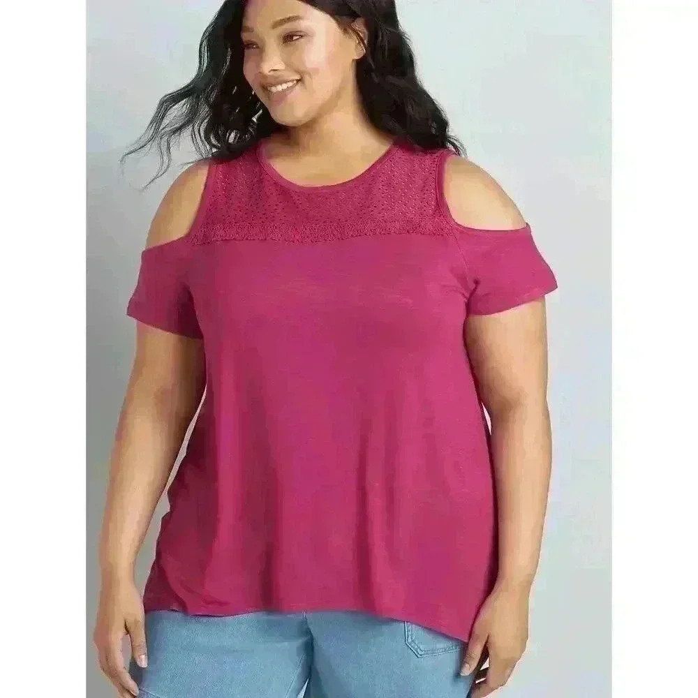 Lane‎ Bryant Magenta Cold Shoulder Swing Tee, Size 10/12